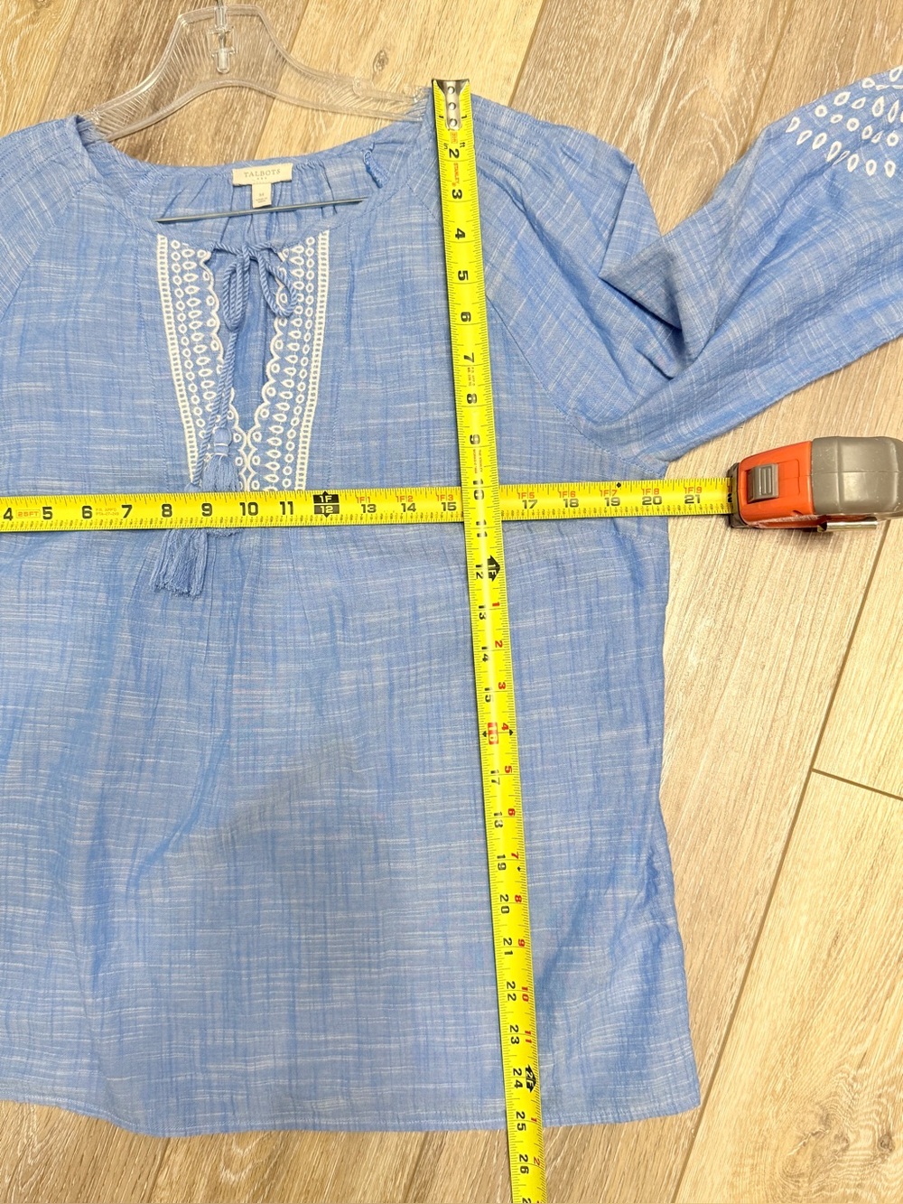 #14)  Talbots Light Blue Embroidered Tie-Neck Tunic - Picture 5 of 7